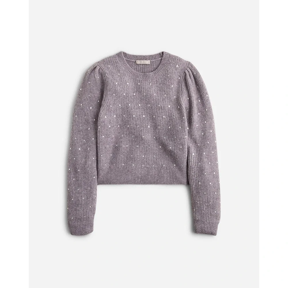 J.Crew Rhinestone Puff Sleeve Merino Wool Alpaca Sweater Gray Size Small